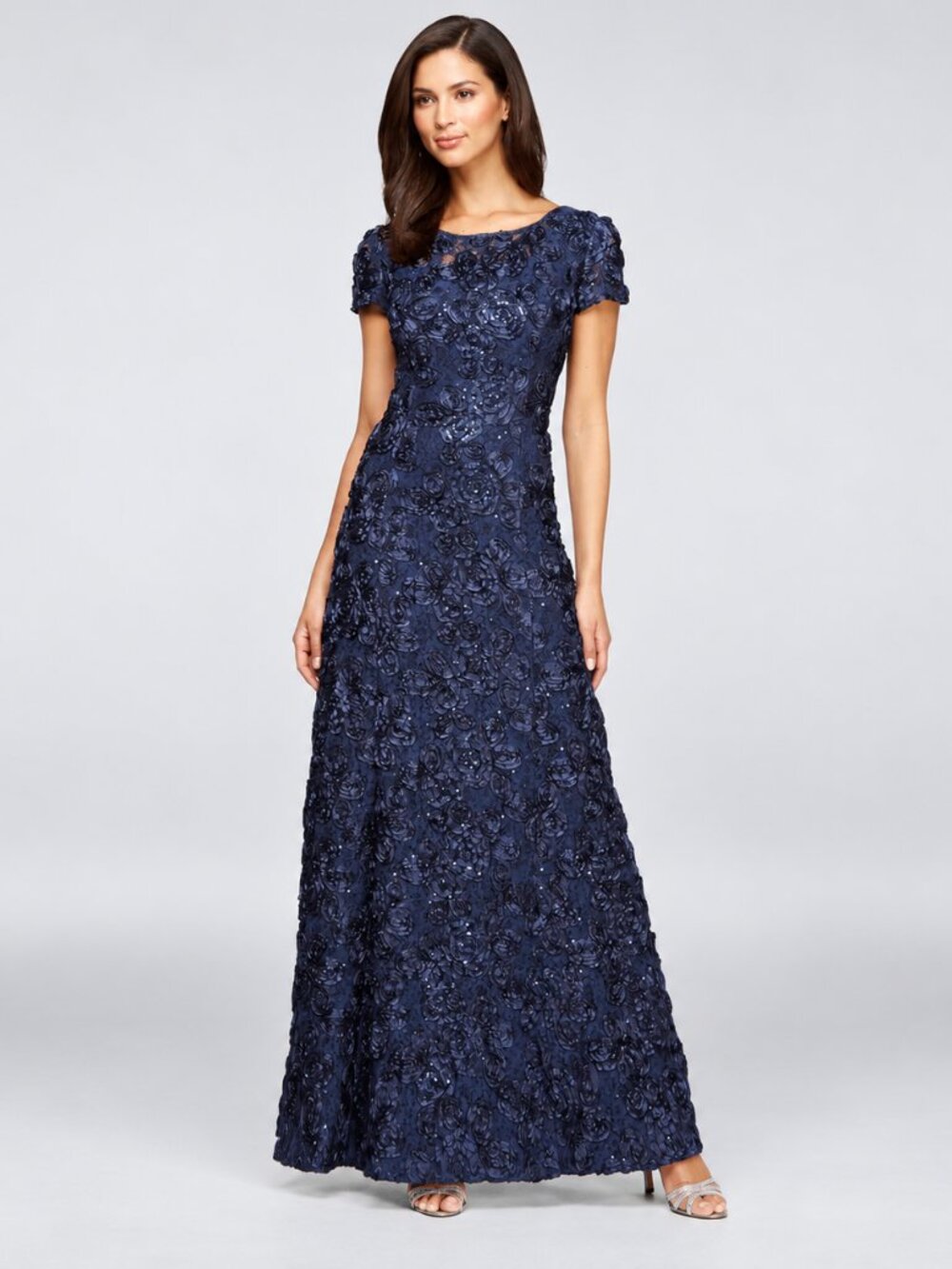 Alex Evenings Women's Navy Blue Rosette Lace Long Formal Dress Size 18